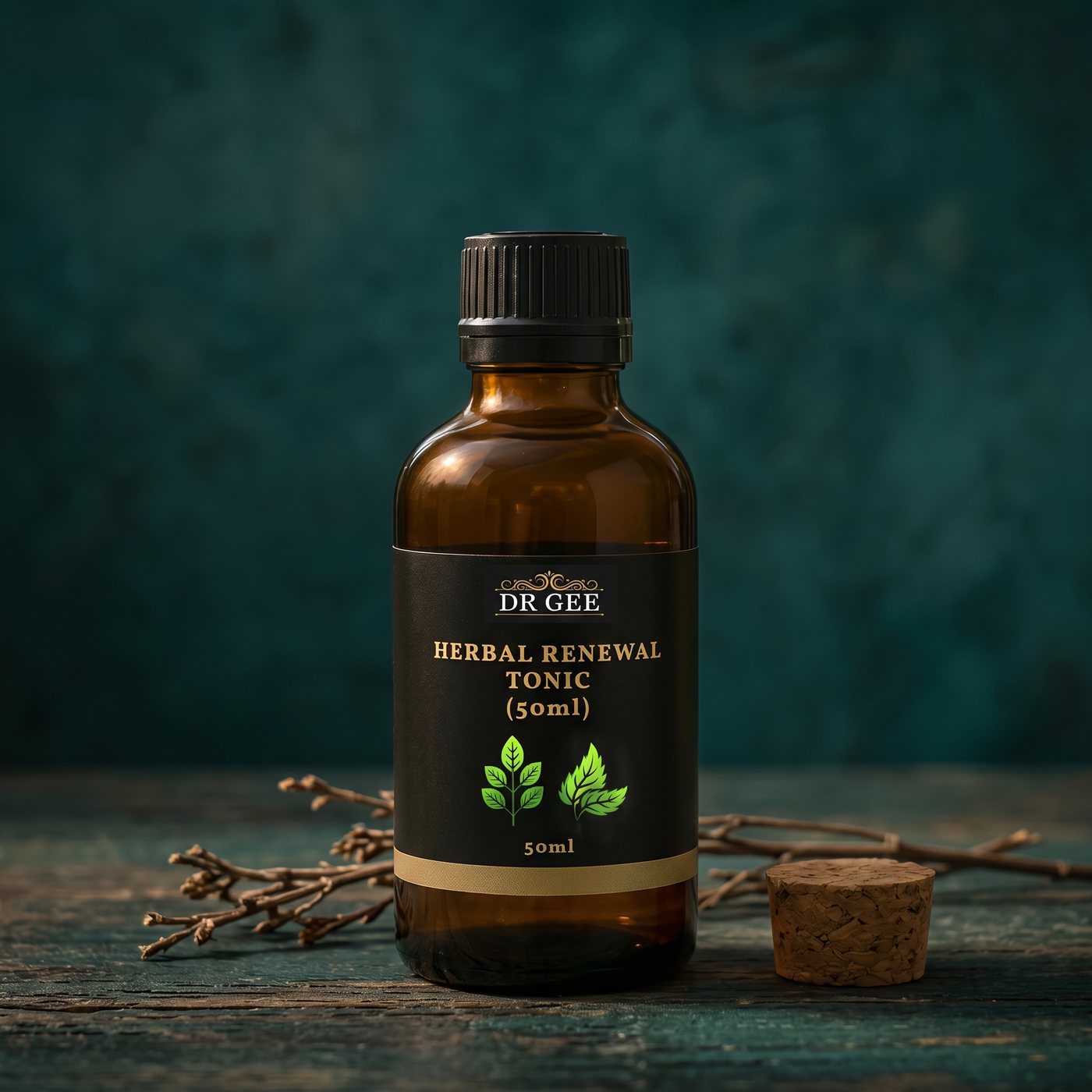 Dr Gee Herbal Renewal Tonic, 50 ml amber bottle with twigs and cork on a dark surface