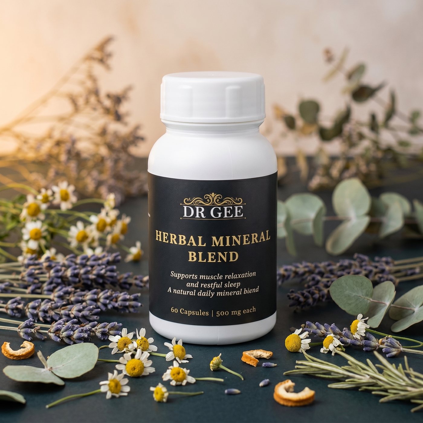 Dr Gee Herbal Mineral Blend bottle on a dark surface